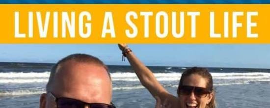 Kenny and April on the beach with text from Stories from the Road Living a Stout Life Camping World Interview