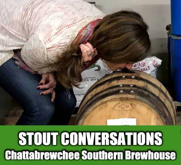 April sniffing a barrel at Chattabrewchee in West Point Georgia