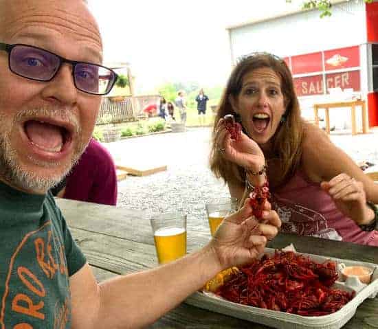 April and Kenny pairing beer and food - eating crawfish at Bayou Tech in Louisiana