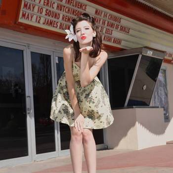 Krista pinup model in front of Gothic Theatre in Englewood