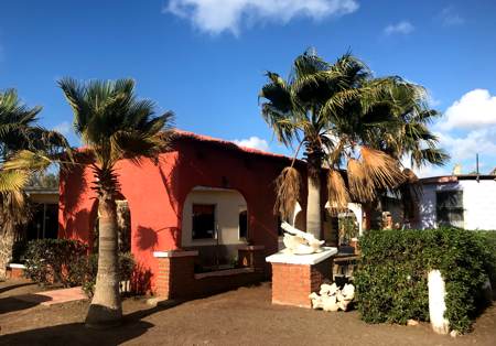 Cielito Lindo bar next to palm trees and blue skies in Baja Mexico