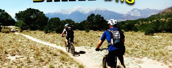 Ken and Scott riding BV trails Colorado with Bikin' Bits logo