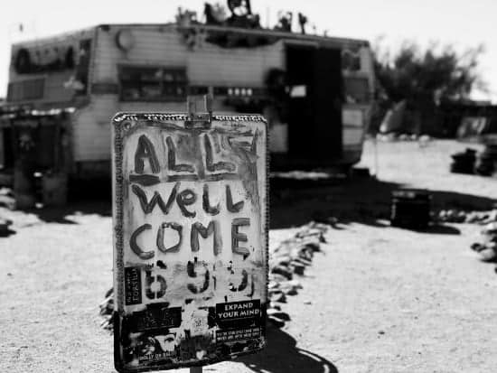 BW All welcoms sign with RV in background Slab City CaliforniaIMG_4789 copy 2