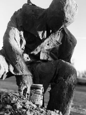 BW statue of man with beer can East Jesus Slab CityIMG_3316 copy 2