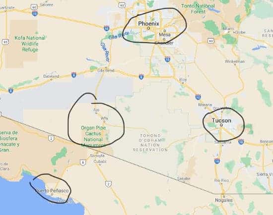 Map showing the Arizona cities of Phoenix and Tucson, as well as Organ Pipe Cactus National Monument relative to Puerto Peñasco, Mexico.