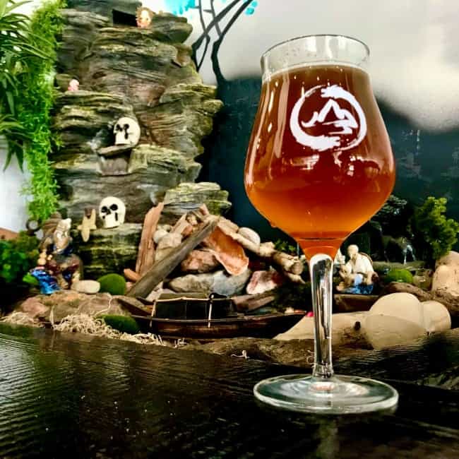 Jade Mountain beer in front of water feature at Jade Mountain Brewing Colorado copy