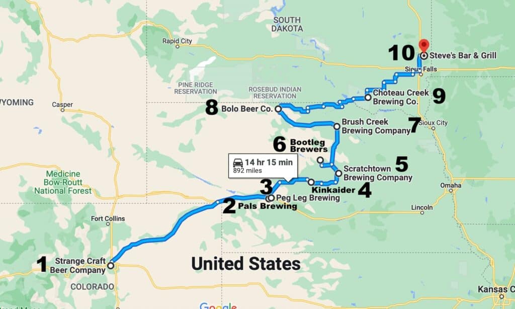 map Nebraska breweries from Colorado to South Dakota